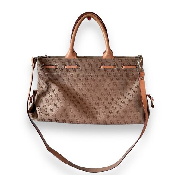 Dooney & Bourke Canvas Leather Monogram Shoulder Handbag Beige Tassel Snap - Picture 2 of 10